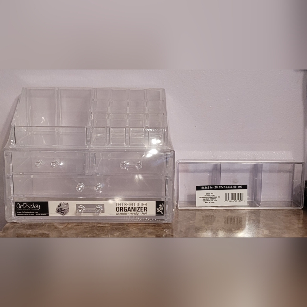 Clear Multi-Tier Makeup Organizer w/ FREE 3 compartment organizer w/lid